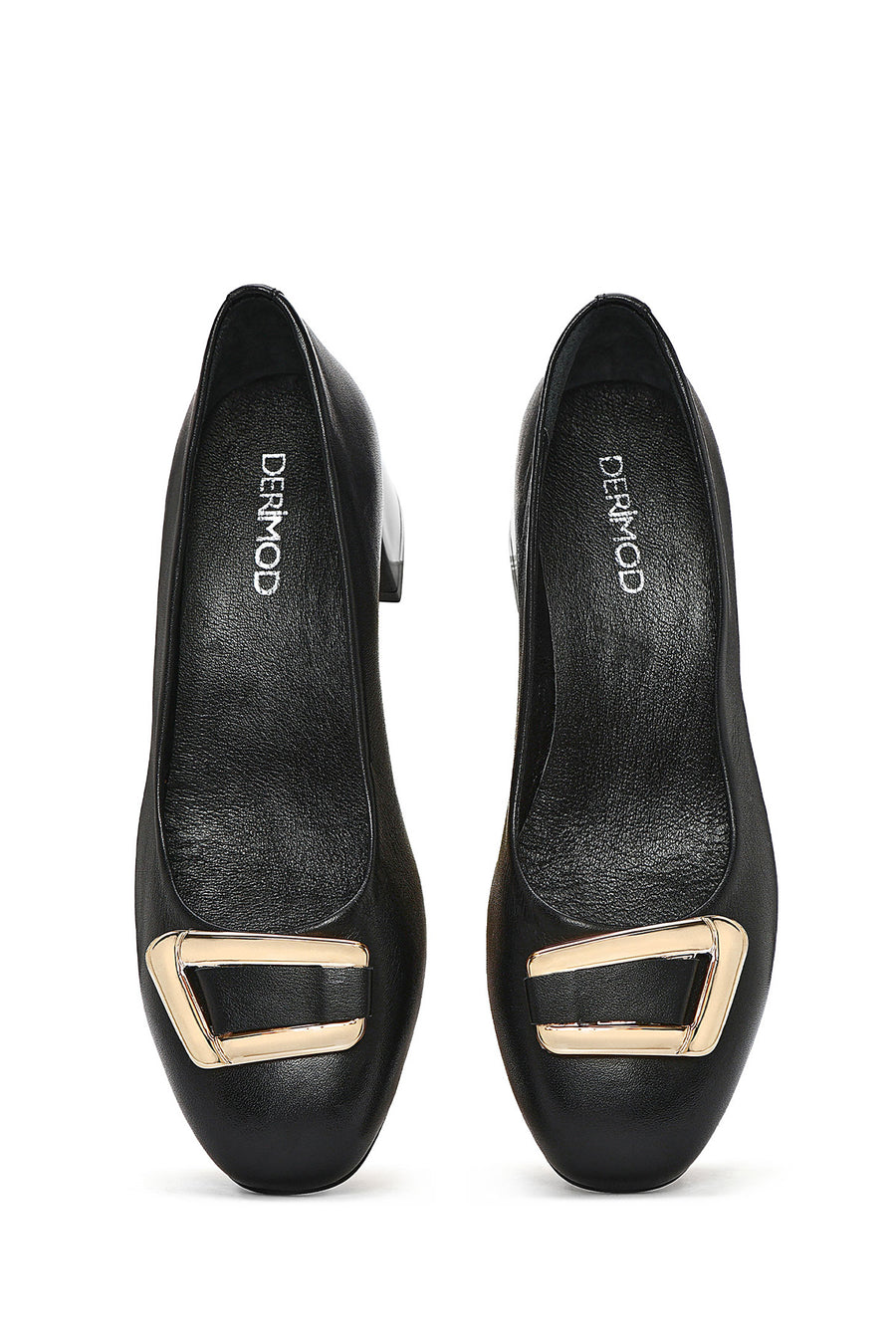 Women's Black Buckle Detailed Low Thick Heel Leather Shoes