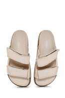 Women's Beige Leather Thick Soled Comfort Slippers | Derimod