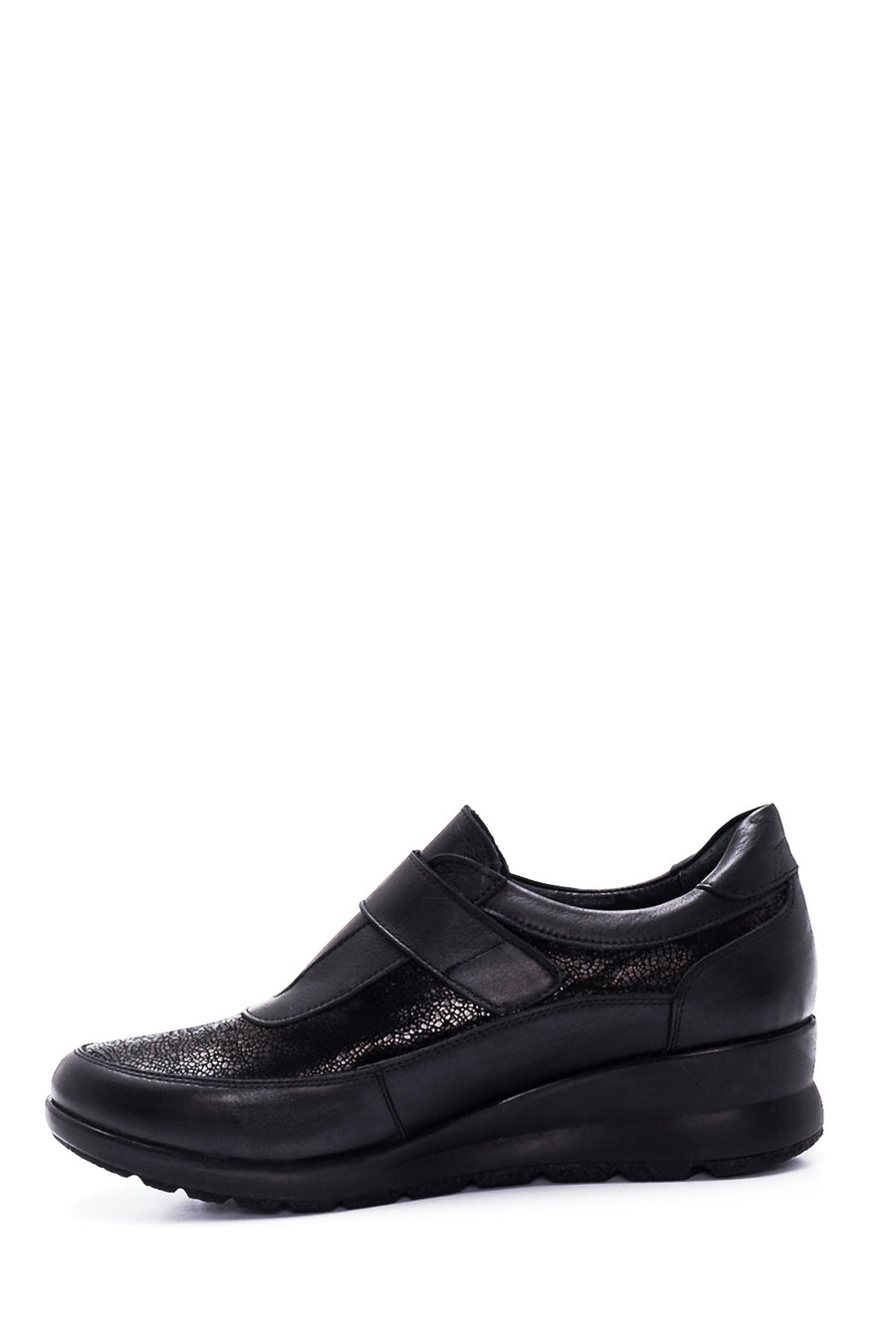 Women's Black Leather Stone Wedge Heeled Comfort Shoes