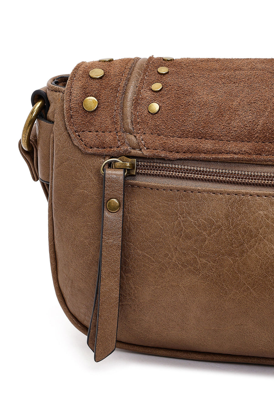 Woman Tan Long-Strap Studded Suede Crossbody Bag