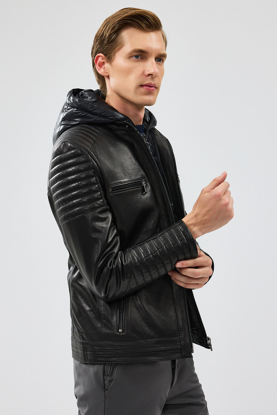 Lyon Men's Black Hooded Leather Jacket