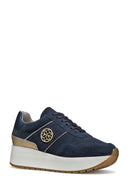 Geox Women Navy Low-Top Lace-Up Thick Sole Suede Leather Sneaker | Derimod