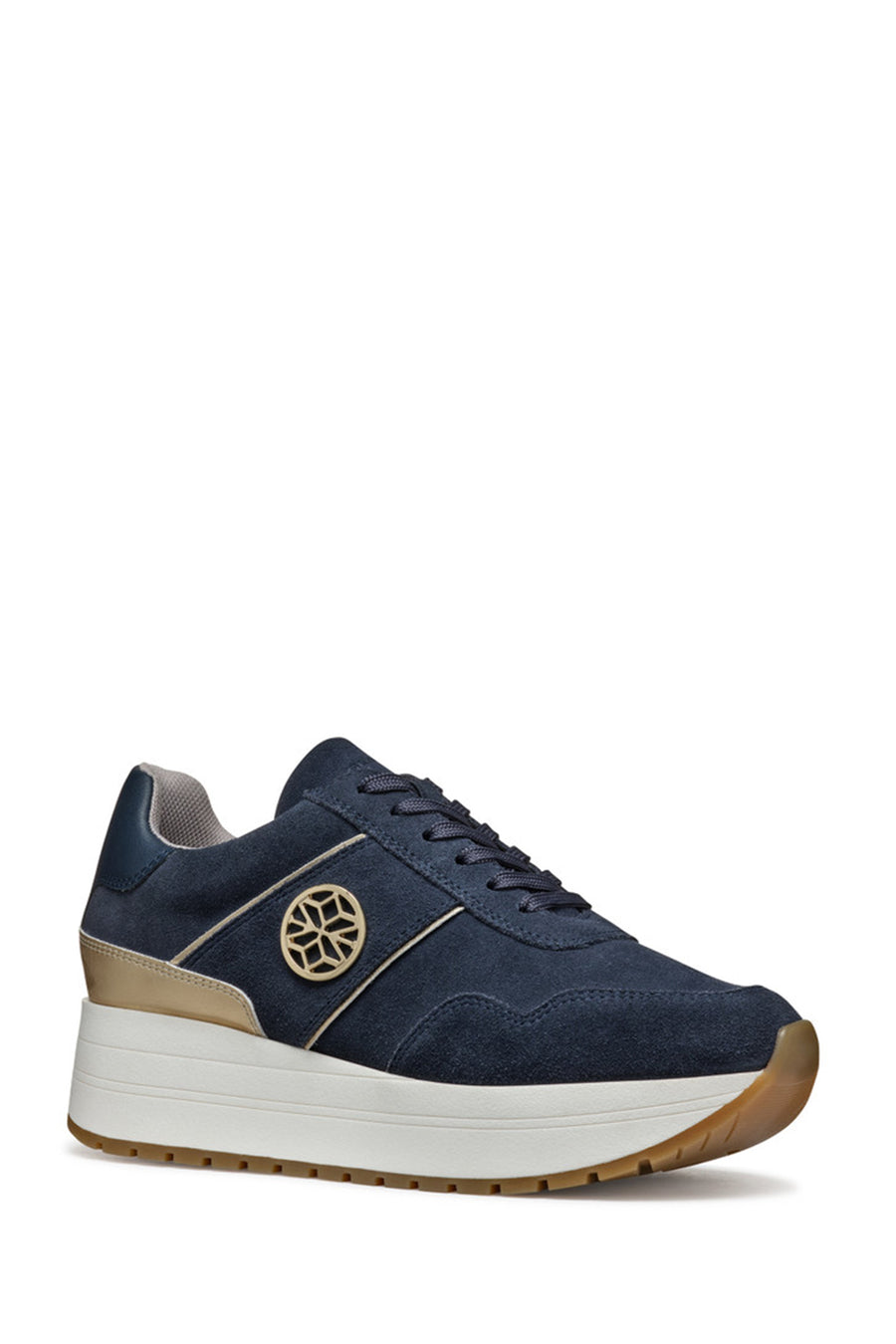 Geox Women Navy Low-Top Lace-Up Thick Sole Suede Leather Sneaker