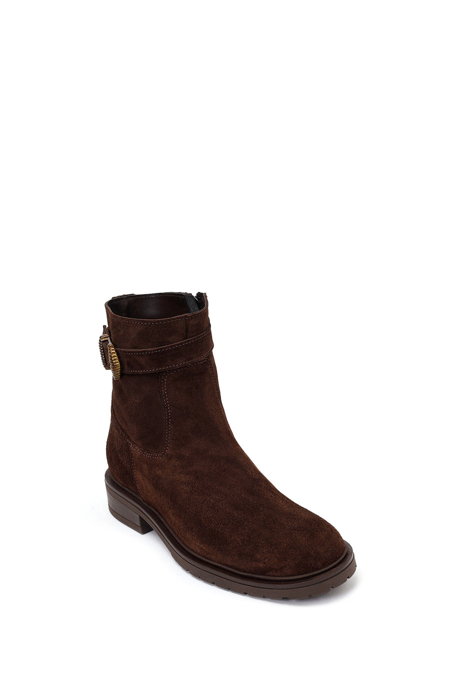 Woman Brown Zip Closure Buckled Suede Leather Boots