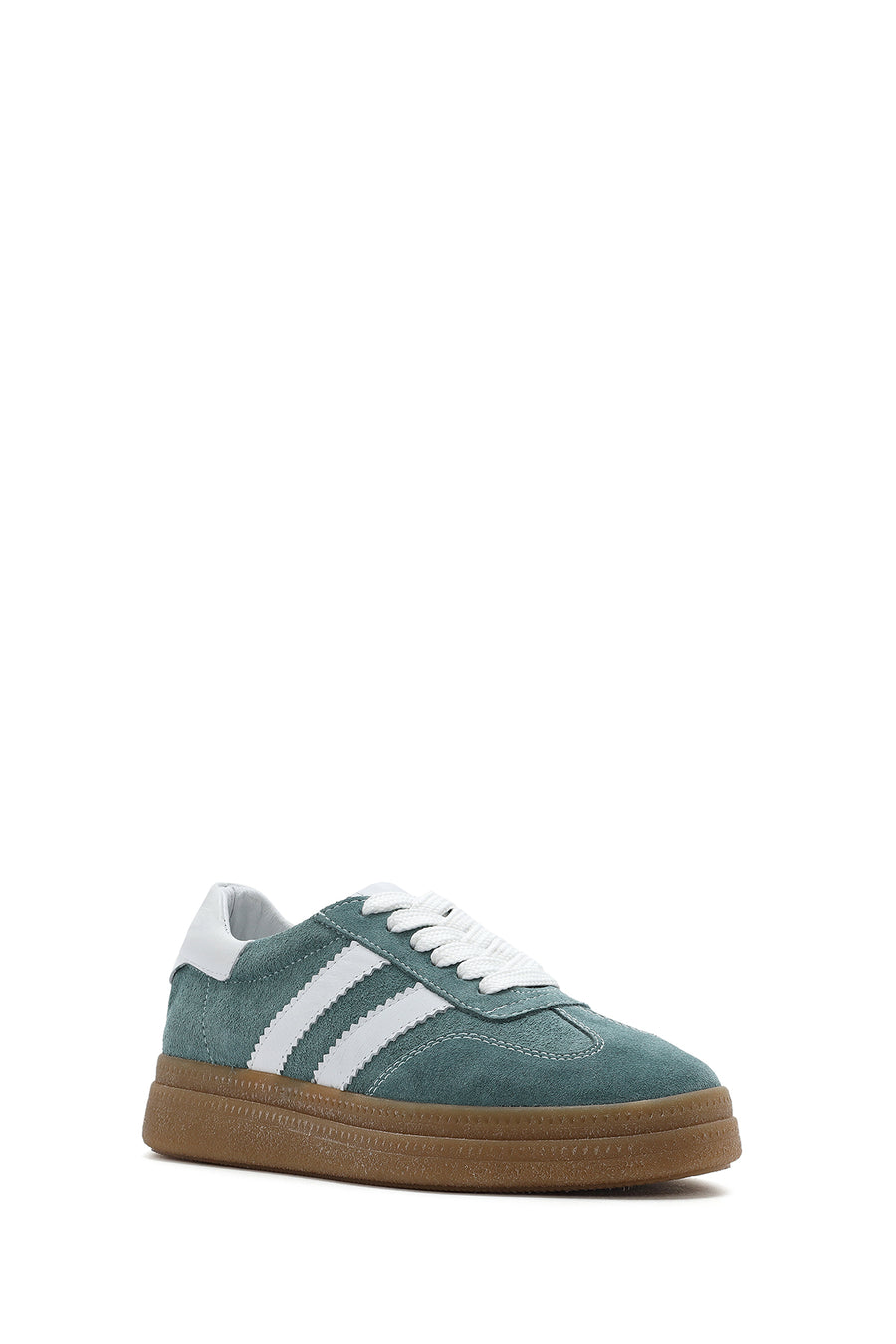 Women's Green Lace-Up Chunky Sole Suede Leather Sneakers