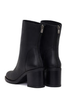 Woman Black Zip Closure Thick-Heeled Leather Boots | Derimod