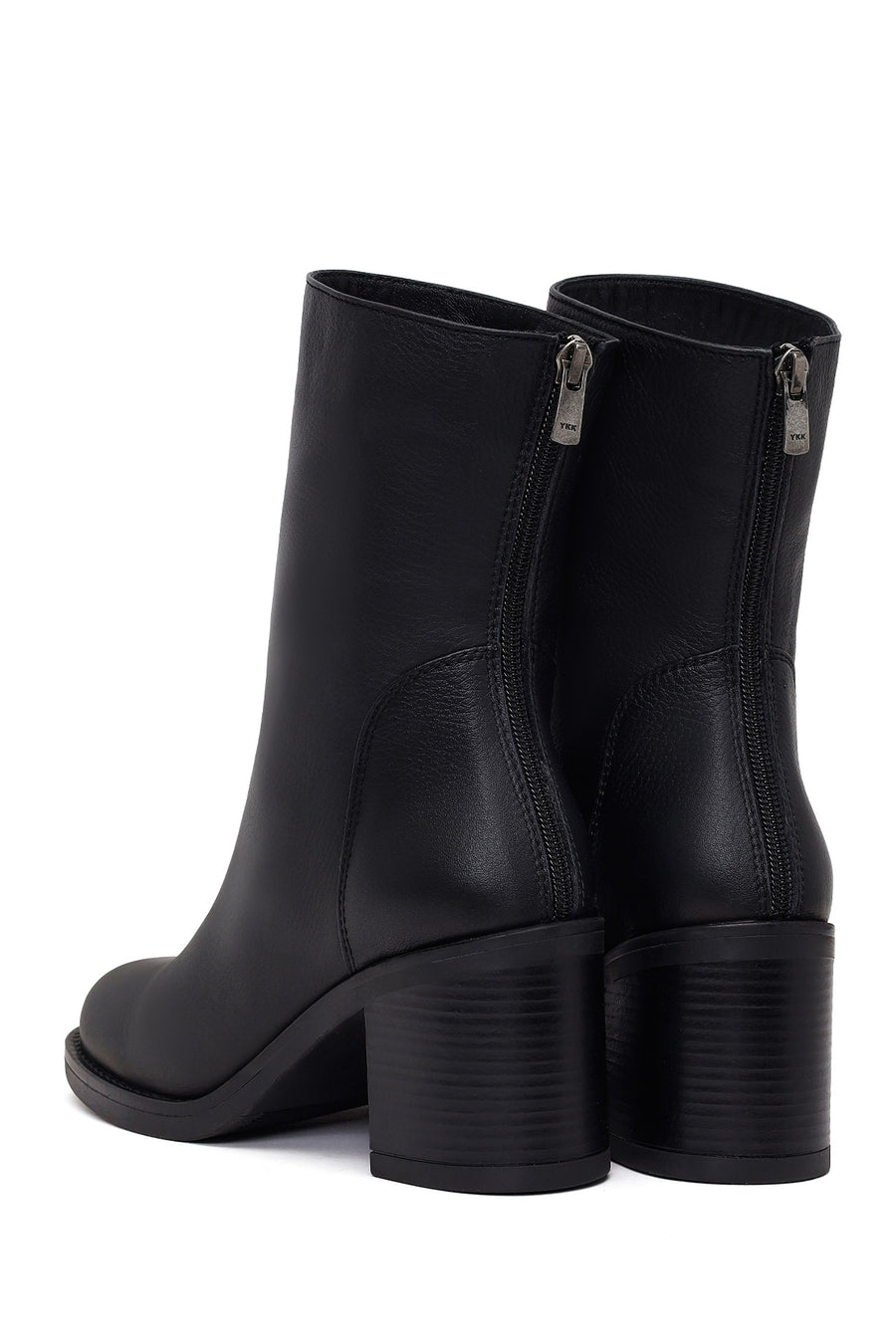 Woman Black Zip Closure Thick-Heeled Leather Boots