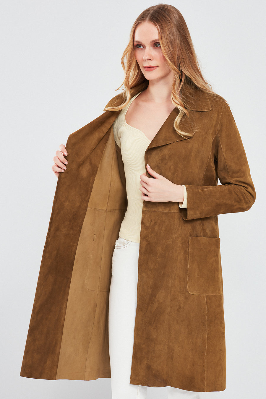 Sardinia Women's Camel Suede Leather Trench Coat