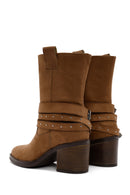 Women's Tan Suede Heeled Cowboy Boots | Derimod