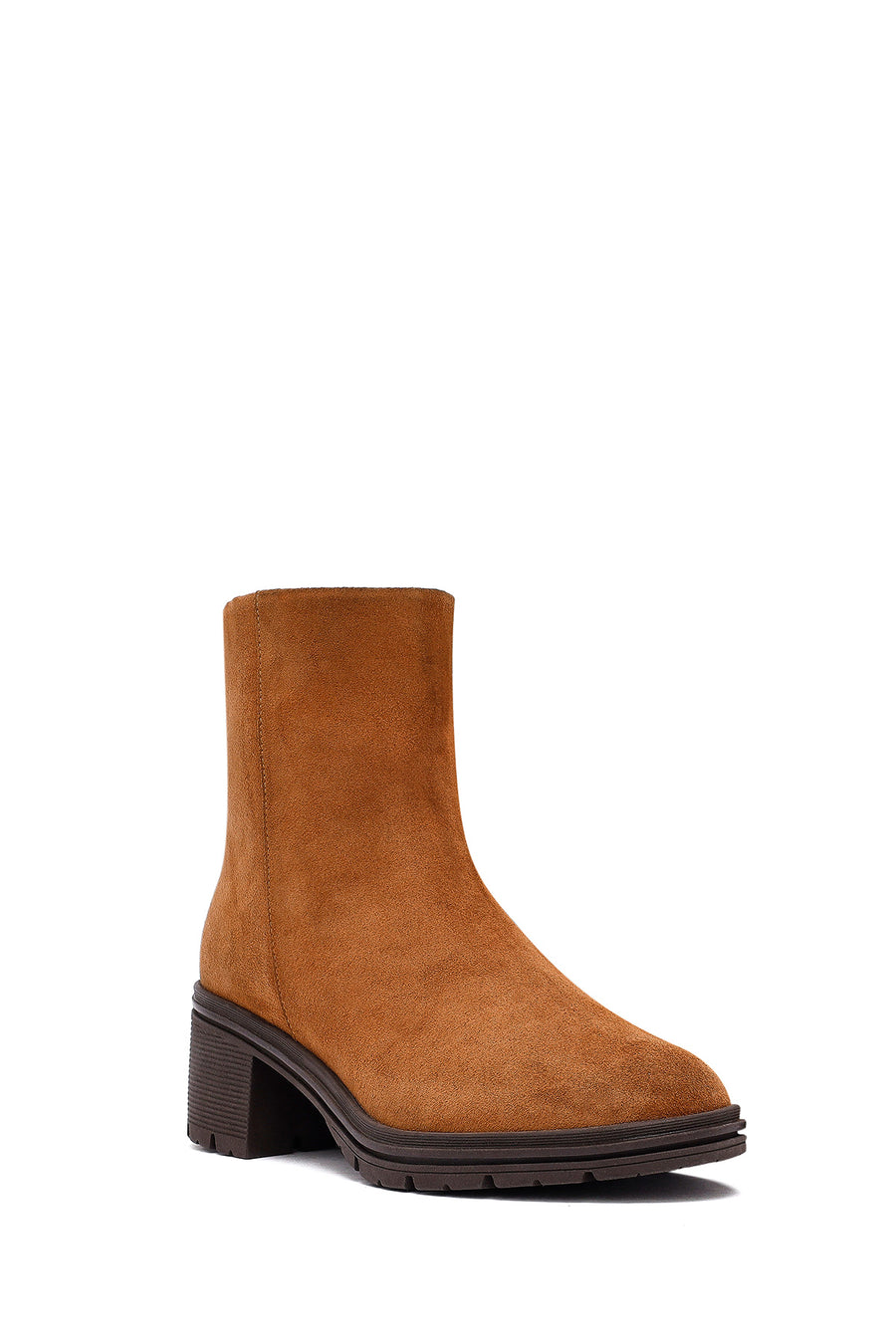Woman Tan Zippered Chunky Heel Suede Leather Boat