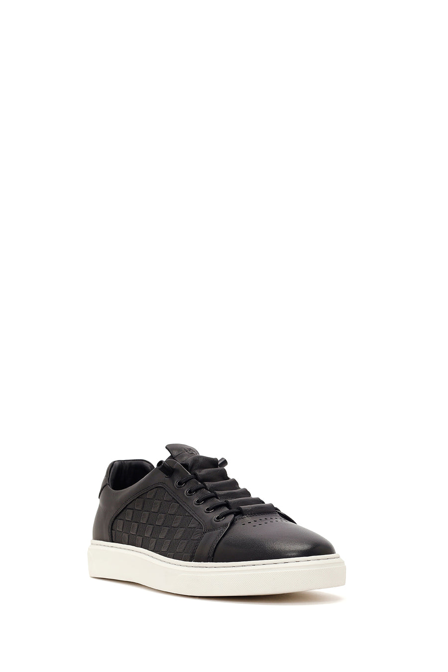 Erkek Siyah Bağcıklı Desenli Deri Sneaker