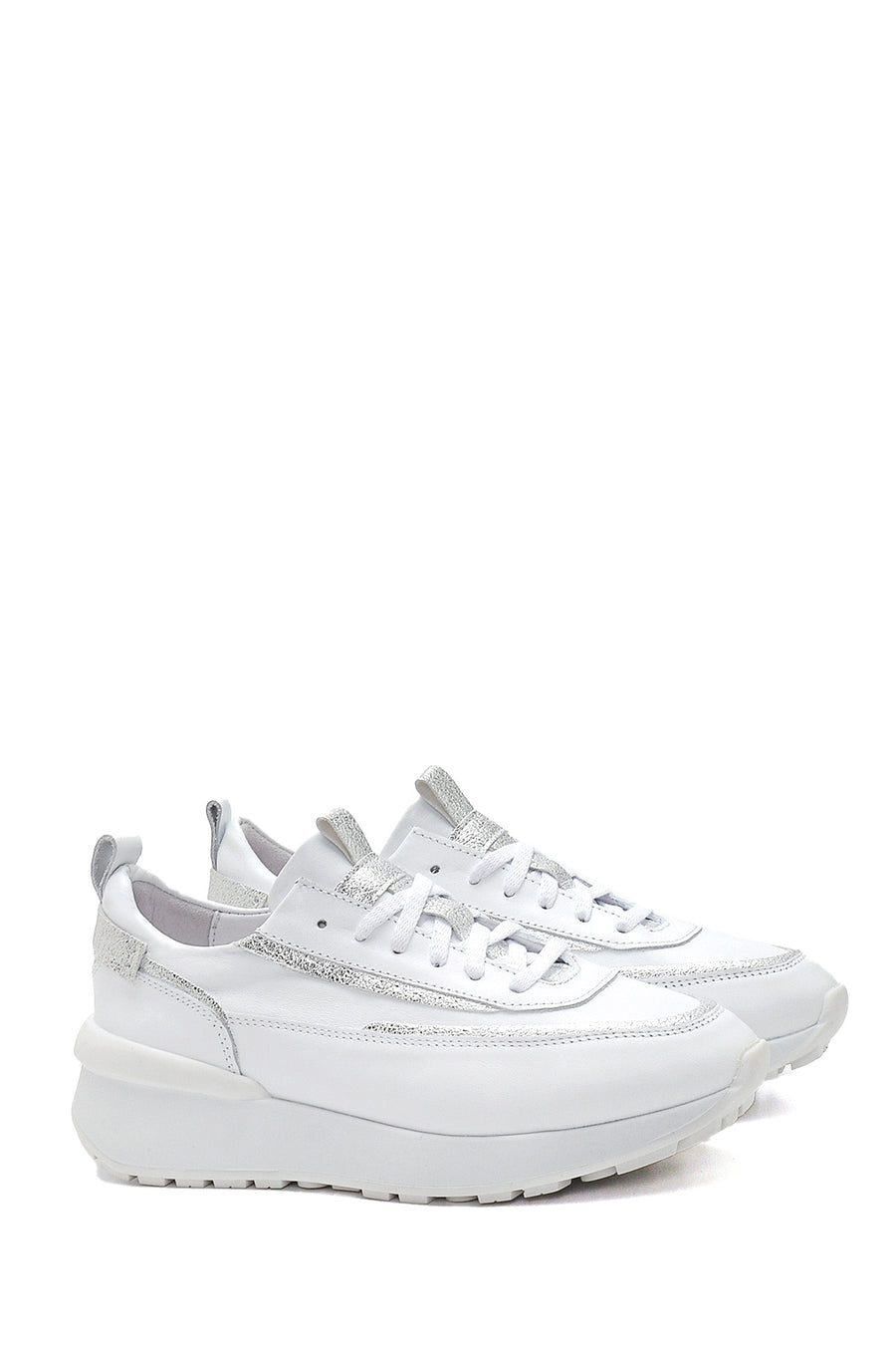 Women's White Thick Soled Leather Sneaker