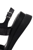 Women's Black Wedge Heeled Leather Sandals | Derimod