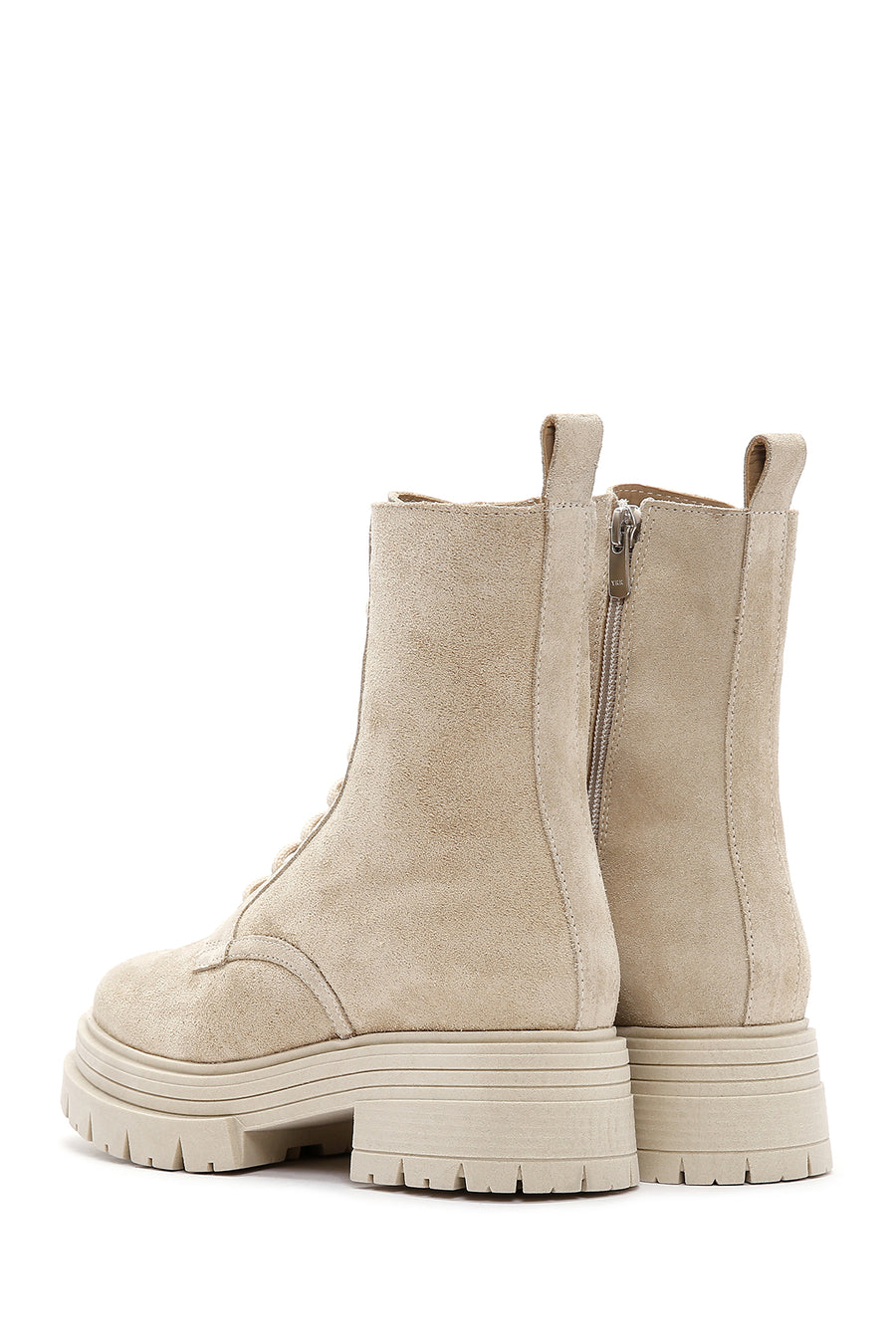 Women's Beige Zippered Suede Leather Combat Boots