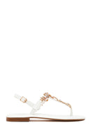 Woman White Ankle-Buckle Toe-Post Rhinestone Sandal | Derimod