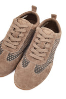 Women's Mink Lace-up Rhinestone Suede Leather Sneaker | Derimod