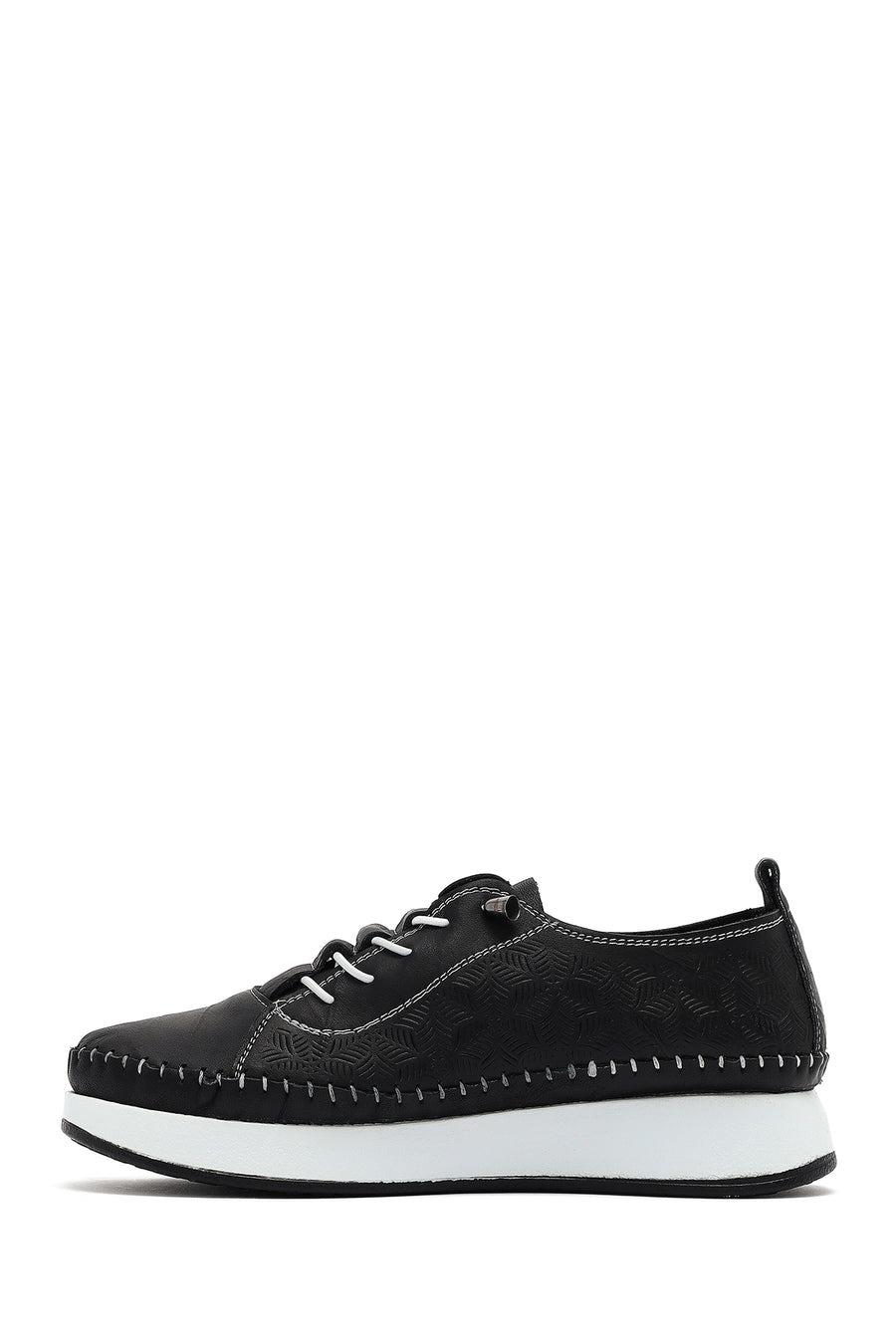 Women's Black Thick-Soled Patterned Leather Comfort Shoes