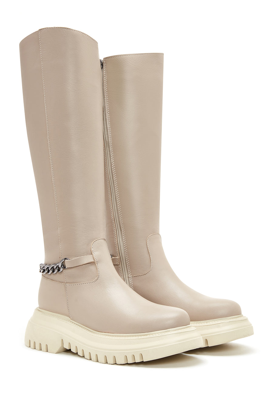 Women's Beige Leather Zippered Chain Detailed Boots