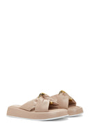 Women's Beige Buckle Detailed Leather Slippers | Derimod