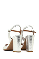 Women's Silver Ankle Buckle Chunky Heel Metallic Leather Sandals | Derimod