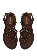 Woman Brown Embellished Toe-Post Suede Leather Sandals | Derimod