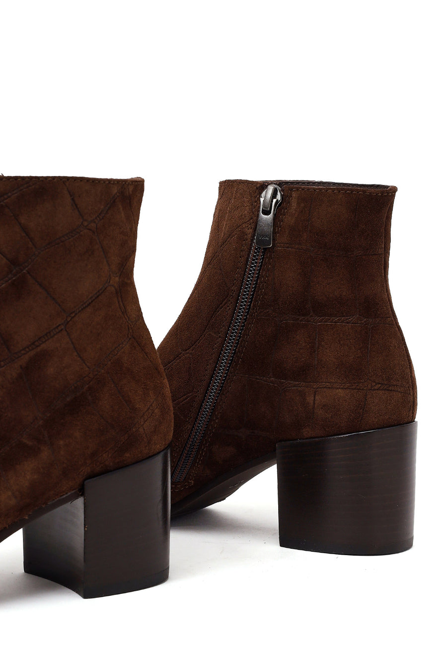 Woman Brown Zip Closure Printed Thick-Heeled Suede Boots