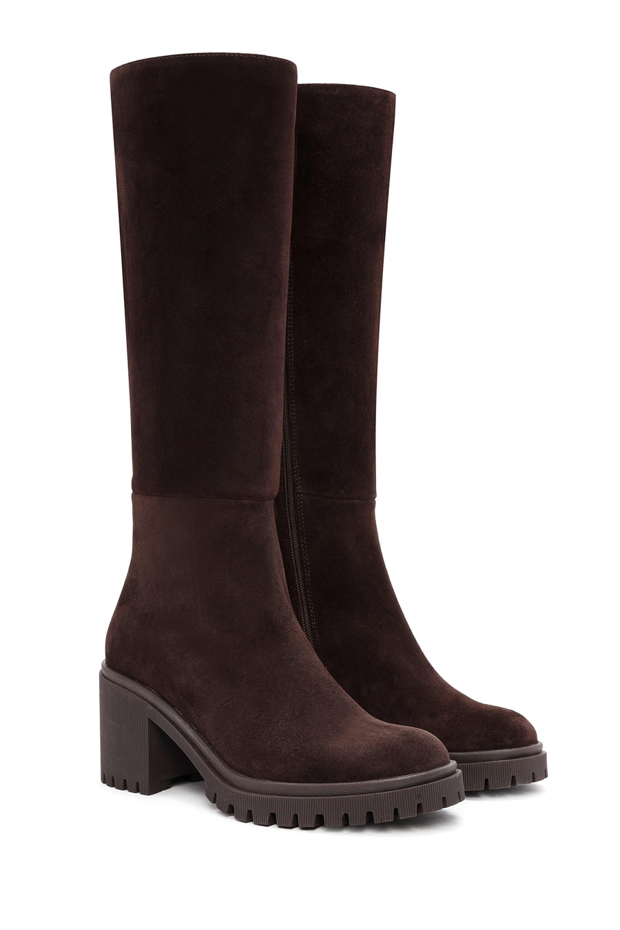 Women's Brown Zippered Chunky Heel Suede Leather Boots