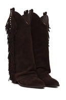 Woman Brown Thick-Heeled Suede Cowboy Boots | Derimod