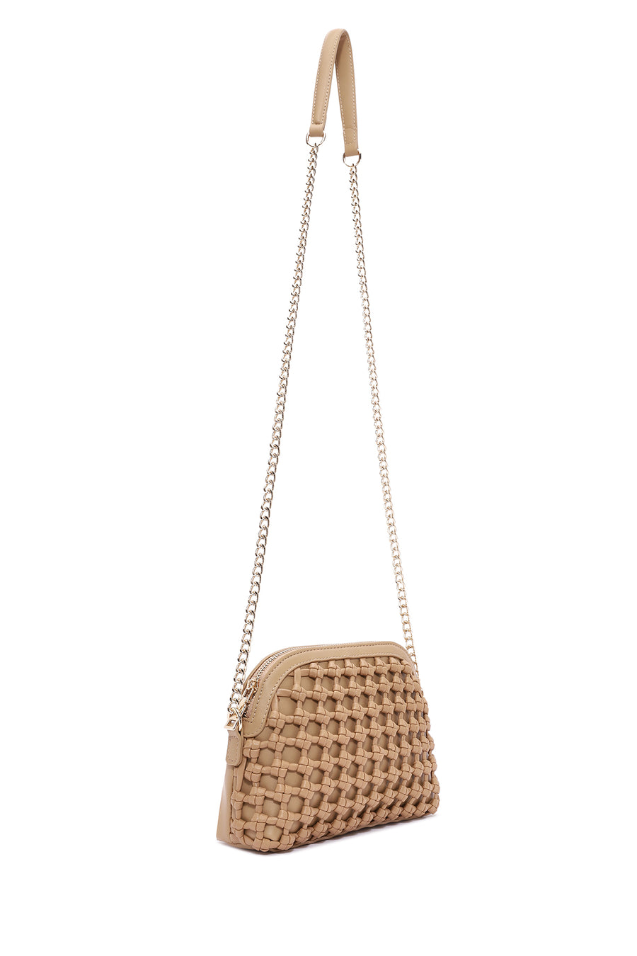 Woman Beige Long Braided Crossbody Bag with Chain Strap