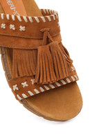 Women's Tan Tassel Suede Leather Slippers | Derimod