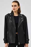Zendaya Women's Black Belt Detailed Biker Leather Jacket | Derimod