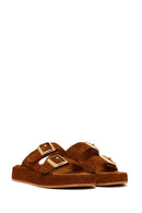 Woman Tan Double-Buckle Thick-Soled Suede Slipper | Derimod