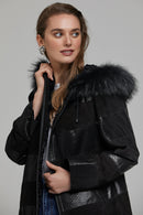Dalia Women's Black Hooded Leather Coat | Derimod