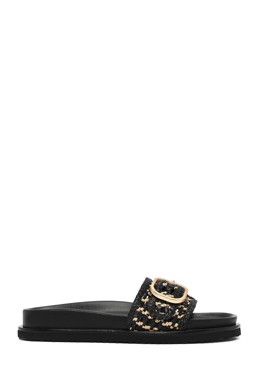 Women's Black Buckled Straw Leather Slippers 25SFD5505M7 | Derimod