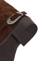Woman Brown Buckled Short Thick-Heeled Suede Boots | Derimod