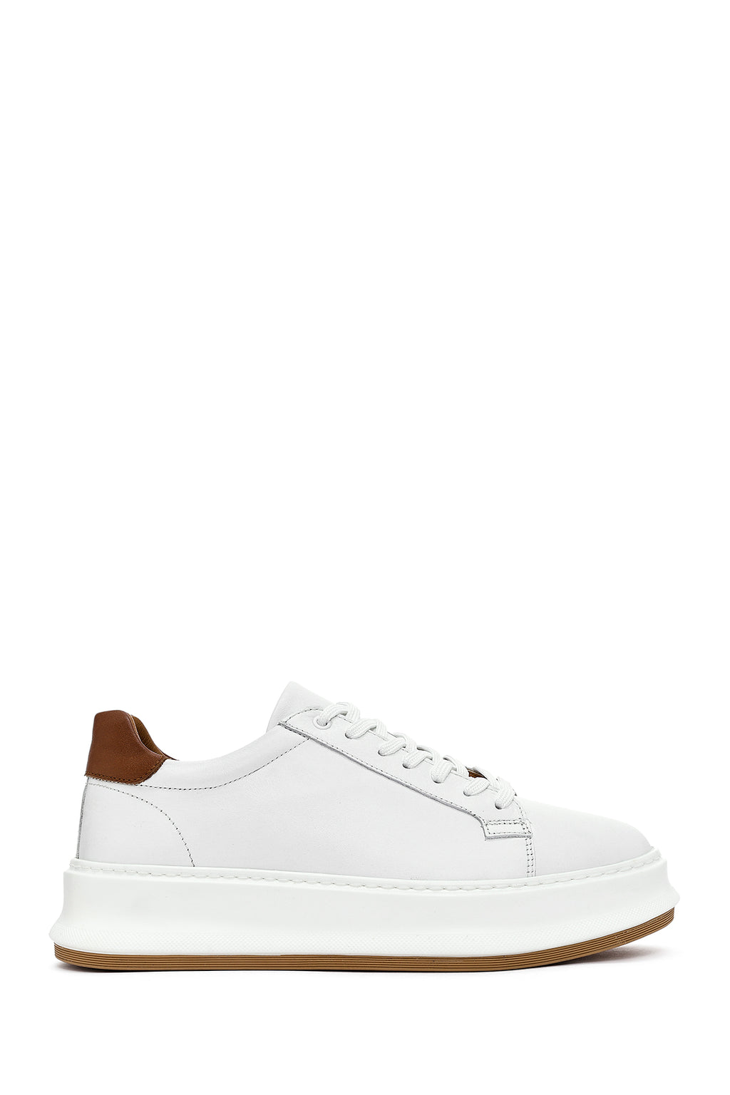 Erkek Beyaz Bağcıklı Kalın Tabanlı Deri Sneaker