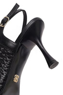 Women's Black Ankle Buckle Printed Thin Heel Open Back Leather Shoes | Derimod
