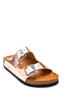 Women's Pink Leather Double Buckle Casual Flat Slippers | Derimod