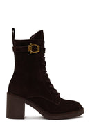 Woman Brown Zip Closure Chunky Heeled Suede Combat Boots | Derimod