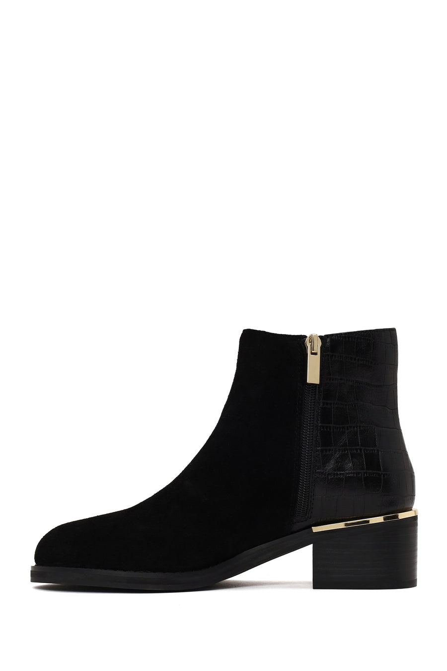 Woman Black Zip Closure Crocodile Patterned Chunky Heeled Suede Boots
