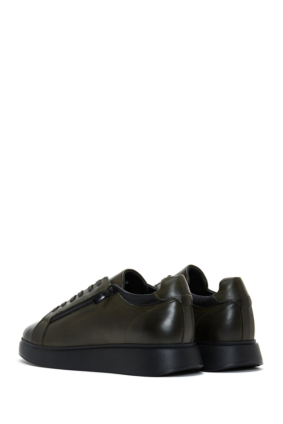 Men's Khaki Leather Zipper Detailed Thick Soled Sneaker