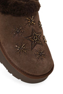 Woman Camel Thick-Soled Stone-Embellished Suede Teddy Slipper | Derimod