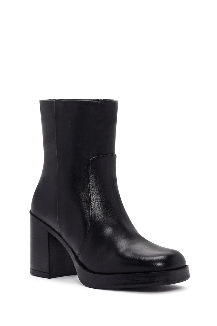 Women's Black Zippered Thick Heeled Leather Boots