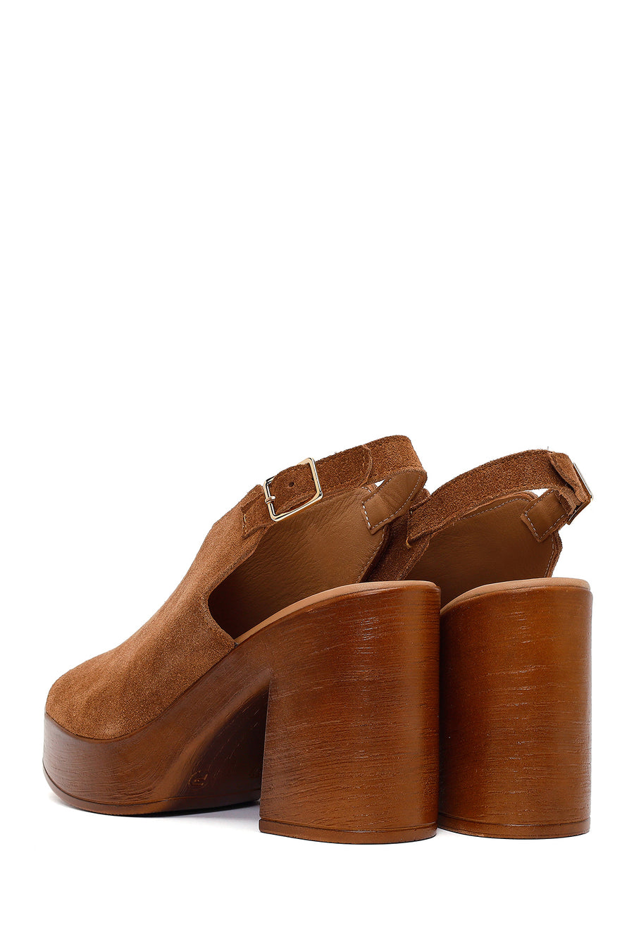 Women's Tan Ankle Buckle Platform High Heel Suede Leather Sandals
