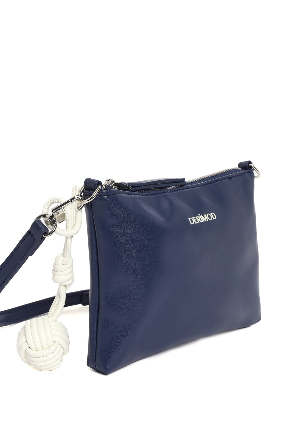 Woman Navy Patterned Fabric Long-Strap Shoulder Bag