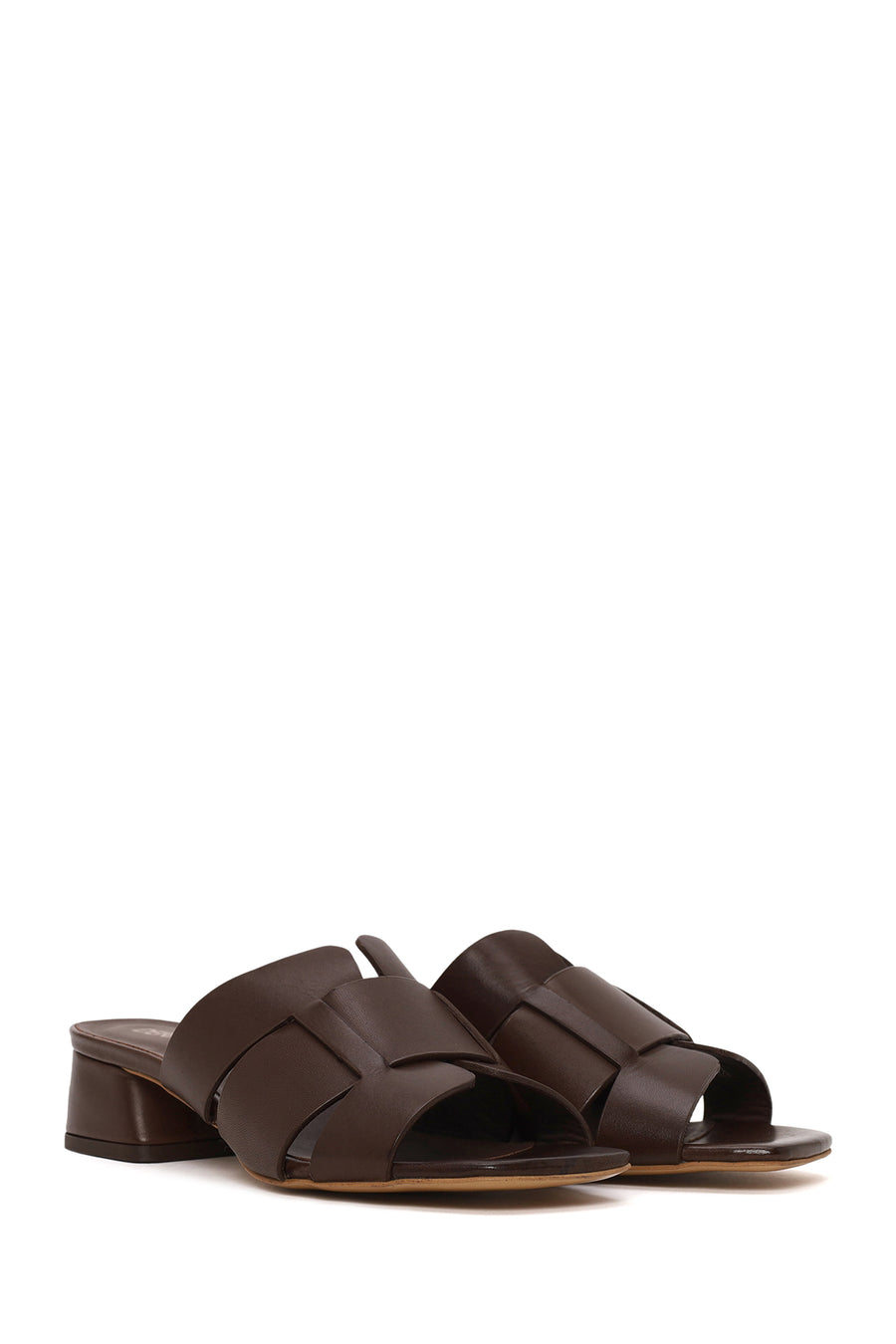 Woman Brown Short Thick-Heeled Leather Slipper