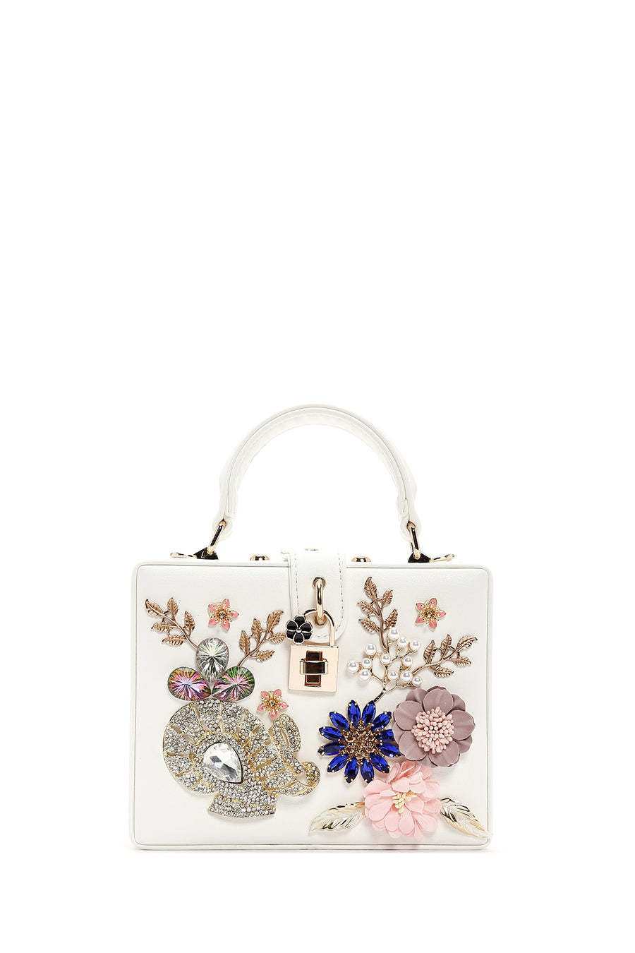 Women's White Long Chain Strap Stone Box Mini Crossbody Bag
