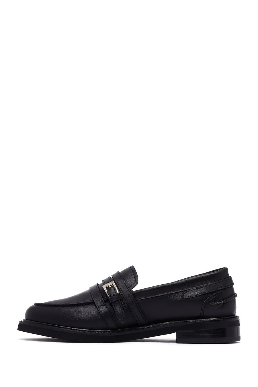 Kadın Siyah Tokalı Deri Maskülen Loafer