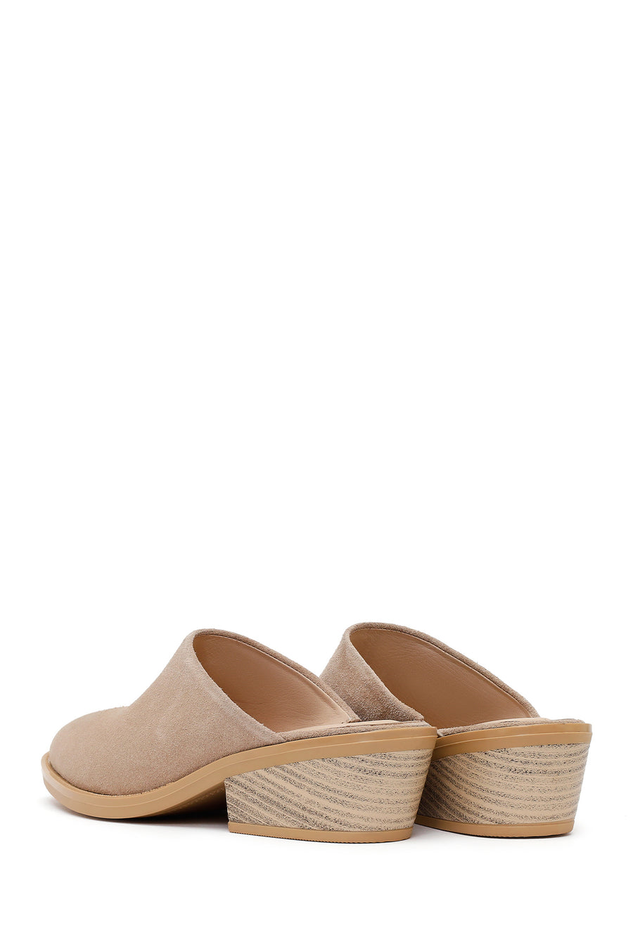 Woman Beige Mule Open Back Chunky Heeled Suede Slipper