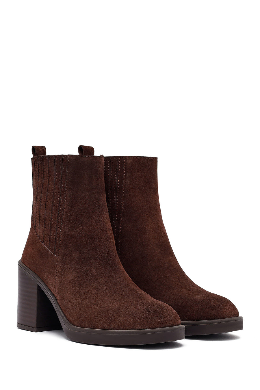 Woman Brown Chunky Heel Suede Leather Boat